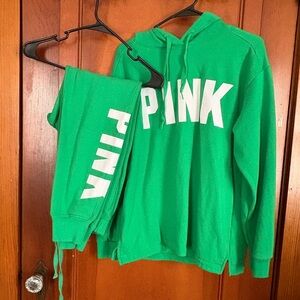 PINK Victoria's Secret Green Hoodie & Joggers Set with White Logo